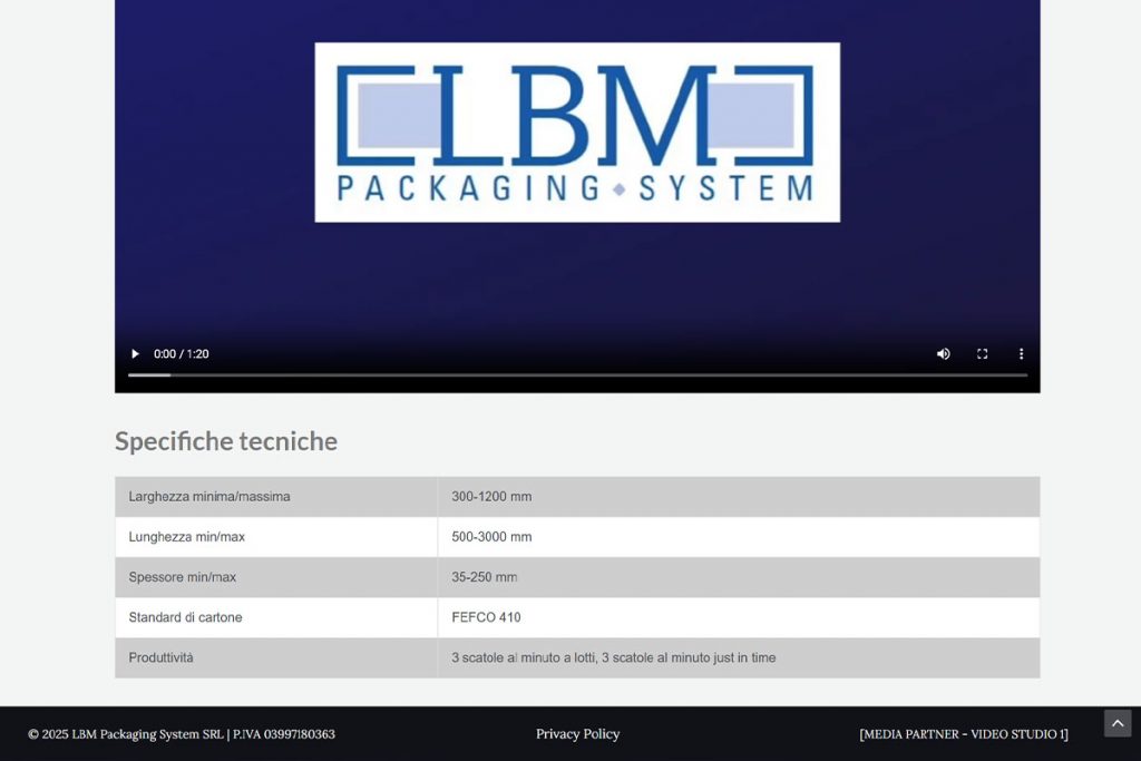 Specifiche tecniche prodotti, sito web LBM Packaging System srl